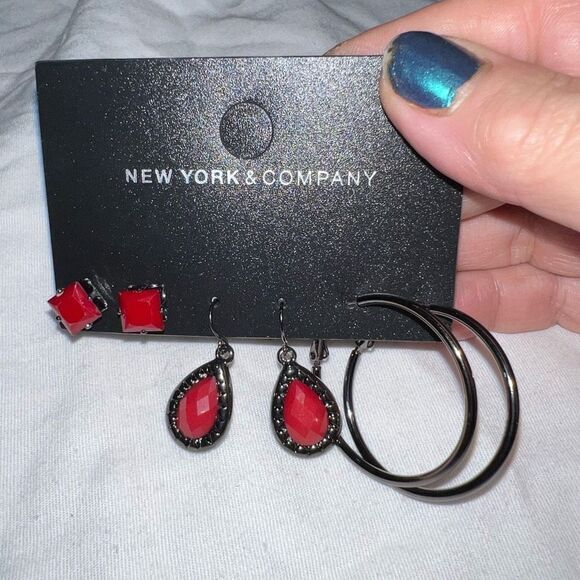 New York & Company Jewelry - New York & Company Set of Three Red and Gunmetal Earrings